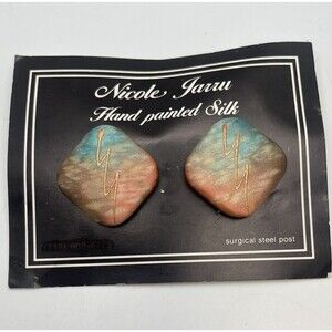 Vintage Hand Painted Silk Square Stud Earrings New
